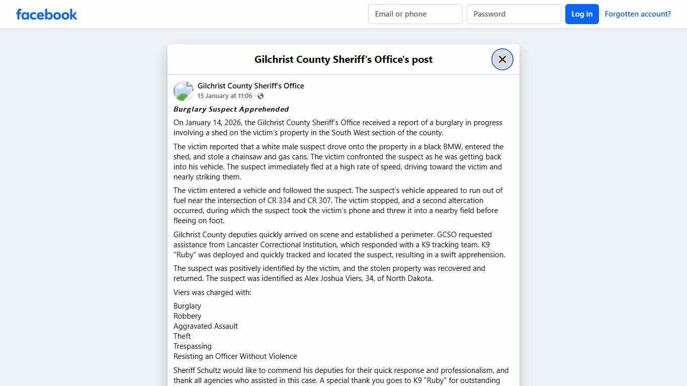 𝘽𝙪𝙧𝙜𝙡𝙖𝙧𝙮 𝙎𝙪𝙨𝙥𝙚𝙘𝙩... - Gilchrist County Sheriff's Office Facebook